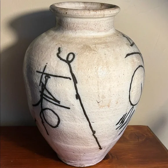 VTG Large MCM Abstract Graphic Art Hieroglyphics Earthenware Vase Centerpiece